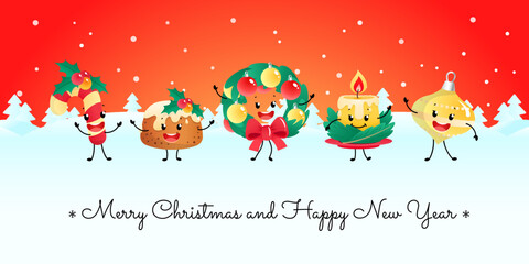 Merry Christmas card and Happy New Year card. Winter holiday illustration of a candy, a pudding, a fir tree wreath, a candle and a decoration on a background of a winter landscape.