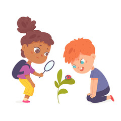 School children holding magnifying glass to watch ladybug on green plant in yard, garden