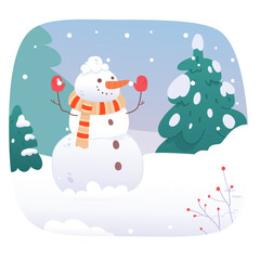 Christmas snowy winter landscape with snowman for greeting card, snowscape scene