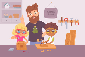 Woodwork master class with kids and carpenter, man teaching boy, girl to work with wood