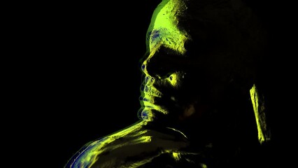 Psychedelic portrait of a witch dancing a ritual dance in narcotic ecstasy