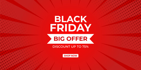 Black Friday big offer discount sale banner design template on shiny red background with halftone. Vector illustration. - obrazy, fototapety, plakaty