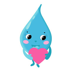 a blue drop of water with legs and arms smiles affably holding a heart in her hands. Character in cartoon style. Concept for drinking more water for health
