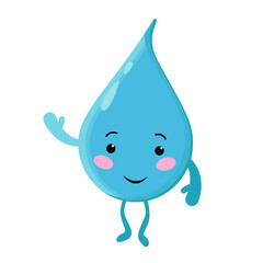 a blue drop of water with legs and arms smiles affably. Character for World Water Day. Concept Problems of lack of clean fresh water on the planet Earth.