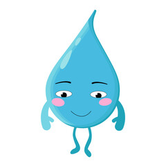 blue water drop with legs and arms in a funny cartoon style. Character for a poster for world water day. Concept Problems of lack of clean fresh water on the planet Earth.