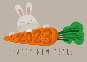 Chinese symbol of New Year 2023. Creative postcard design with bunny gnawing a carrot. The expressed numbers of the year of the hare. Vector illustration for congratulations. New year banner