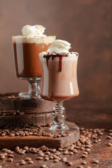 Coffee and chocolate drinks with whipped cream.