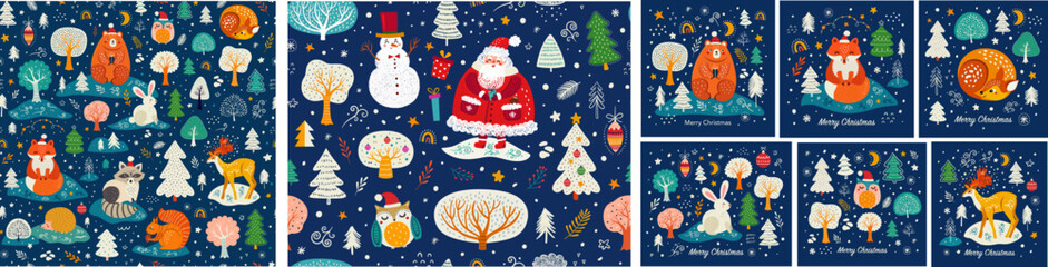 Christmas collection with seamless patterns and greeting cards