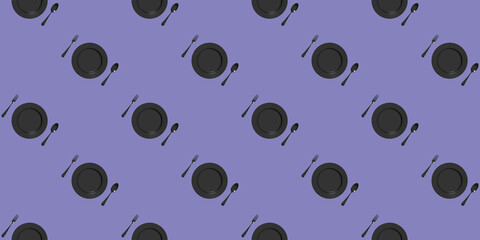 seamless pattern. kitchen utensils on a pastel blue purple background. fork, spoon, plate. Template for surface application. Flat lay. Banner for insertion into site. 3D image. 3D rendering.