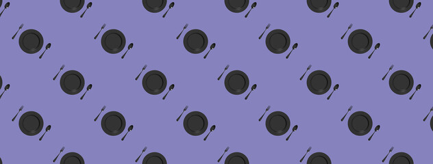 Fototapeta na wymiar seamless pattern. kitchen utensils on a pastel blue purple background. fork, spoon, plate. Template for surface application. Flat lay. Banner for insertion into site. 3D image. 3D rendering.