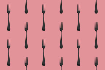 pattern. Fork top view on pastel purple red background. Template for applying to surface. Horizontal image. Flat lay. 3D image. 3D rendering.