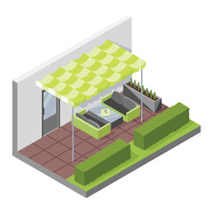 Inner courtyard isometric composition with patio. House with private terrace with covering from above. Covered veranda for table place. Modern architecture