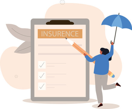 Woman Character With Umbrella And Full Coverage Insurance Policy.Flat Cartoon Vector Illustration.