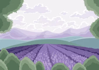 Zelfklevend Fotobehang Lavender field landscape. Hand drawn purple flowers, growing and blooming scene, meadow with mountains, floating clouds. Background with serenity nature landscape with purple plants © the8monkey