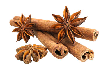 Cinnamon and anise star isolated on transparent background with PNG.