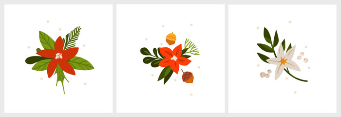 Hand drawn vector abstract graphic Merry Christmas and Happy new year clipart illustrations greeting card set with flowers and leaves.Merry Christmas cute floral design background.Winter holiday art.