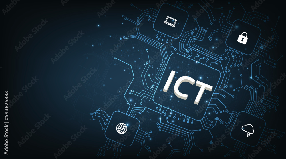 Aufkleber (ICT)Information and communication technology concept.Information and communication technology on dark blue background.Wireless communication network.