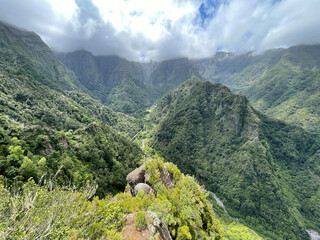 View of the mountains and forests from the Balcoes levada viewpoint balcony. Madeira Island, Portugal