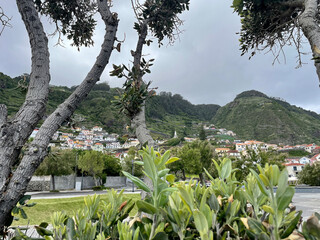 View of Porto Moniz city and mountains on Madeira island in Portugal