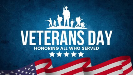 Veterans Day - Honoring all who served text Animation with USA Flag stars on blue background