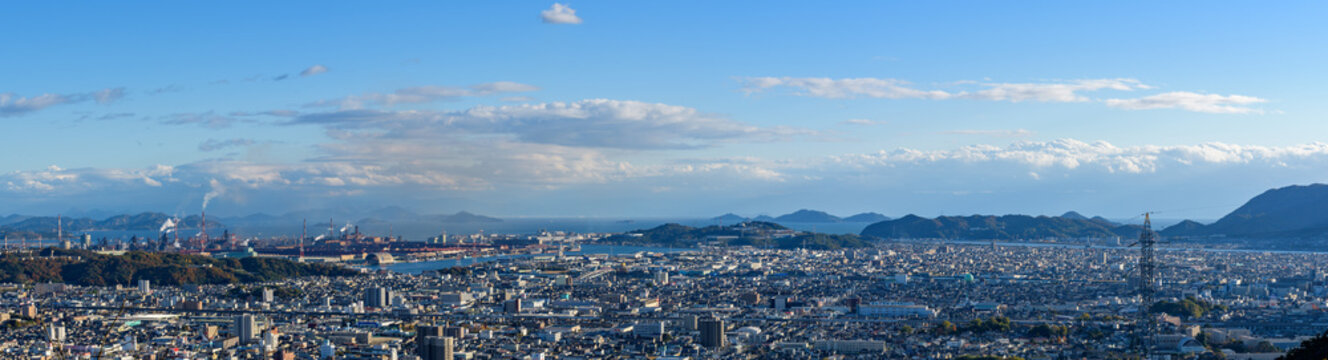 Panoramic view of Fukuyama City from the mountain top (southern part, industrial area)