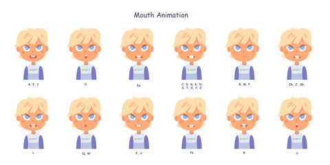 Mouth animation with different expression set of cute boy vector illustration. Cartoon isolated portrait of young male character making English sounds, lip sync pronunciation and talk movement - obrazy, fototapety, plakaty