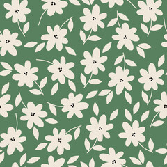 Cute floral pattern. Seamless vector texture. An elegant template for fashionable prints. Print with white flowers and leaves. green background.