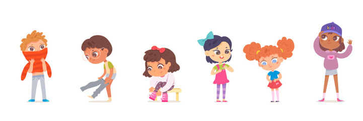 Kids dressing up set, isolated confident adorable girls and boys put up clothes by himself
