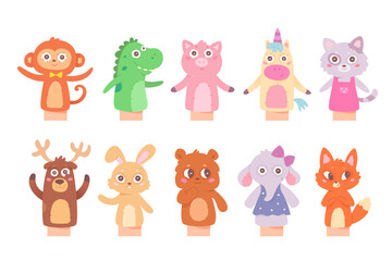 Funny animal toys from socks for kids puppet show set, isolated hand with handmade dolls