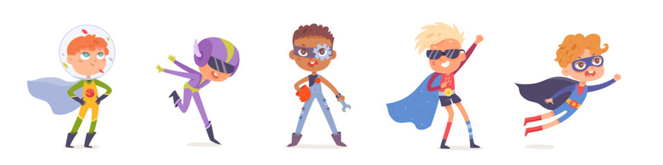 Cute superhero characters set, little happy boys playing, wearing mask, glasses and cape © backup_studio