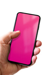 Hand holding a smartphone with blank pink screen. Isolated on white.