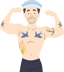 Man Sailor Tattoo Arm Flex Pose Illustration