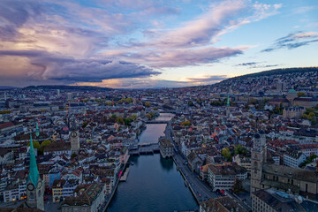 Aerial view of City of Zürich with the old town and Limmat River on a cloudy autumn day. Photo taken November 4th, 2022, Zurich, Switzerland.