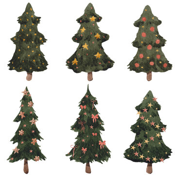 Set of Christmas trees with Christmas decorations and a garland, watercolor illustration, for design, on a white background
