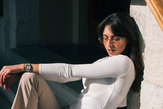 Photo of cheerful glad nice woman wear white blause and sunglass