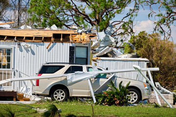 Severely damaged by hurricane Ian house and vehicle in Florida mobile home residential area....