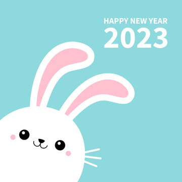 Happy Chinese New Year 2023. The year of the rabbit. Bunny face head in the corner. Cute kawaii cartoon funny smiling baby character. White farm animal. Blue background. Isolated. Flat design.