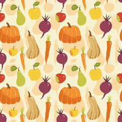 Lovely raw vegan seamless pattern with sweet fruits and vegetables in vector. Tasty apple, ginger, tomato, squash, beet, carrot, pear and pumpkin in funny cartoon style