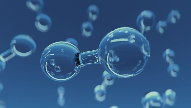 Multiple shiny hydrogen or oxygen gas particles floating slowly in the air. Photorealistic science, medical background 3D animation.
