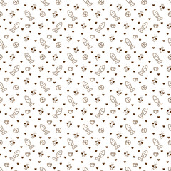 Pattern with fish. Cute seamless pattern with fish, balls, bowls, hearts. Cartoon doodle vector illustration.