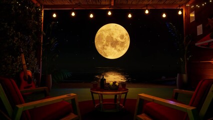 A cozy summer terrace on the ocean with a view of the night sky and the full moon. The concept of rest, relaxation, vacation.