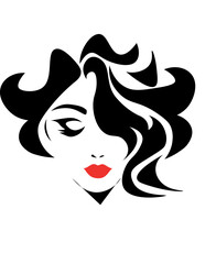Sexy woman with red lips and curls. fashion woman, element design, curly hairstyle, hair salon sign, icon. Beauty Logo. Vector illustration. Hand drawing style.	
