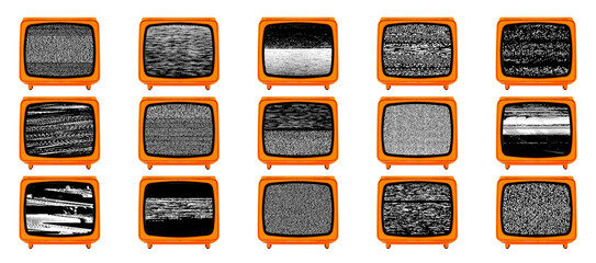 Retro old Space Age Orange TV with different Static Noise Glitch Effect Screens