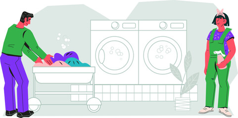 Self service laundry banner or poster layout, flat cartoon vector illustration isolated on white background. Banner template with people visit the public laundry.