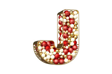 Creative 3D fantasy Christmas typography made of floating balls in gold, red and white colors. Letter J suitable for beautiful advertising compositions. 3D rendering with transparent background.