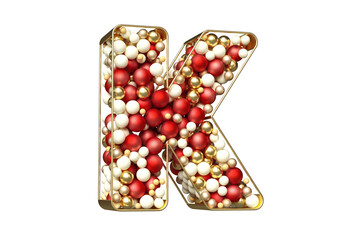 Creative Christmas 3D typography formed by floating baubles in red, gold and white colors. Alphabet letter K suitable for beautiful advertising compositions. 3D rendering with transparent background.