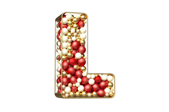 Christmas alphabet of red, golden and white balls floating in a golden letter L shape. High quality 3D rendering.