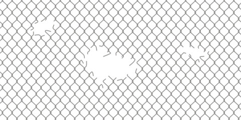 Holes in wire mesh of steel fence vector illustration. 3d realistic torn metal chains of net cage or construction barrier, broken boundary iron wires and chainlink of prison or metallic safety border