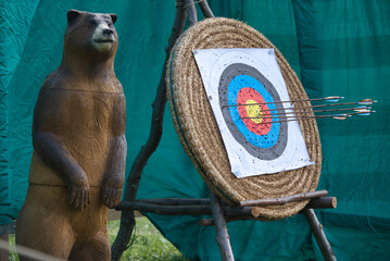 Shooting range for archery with target and dummy bear at a medieval market