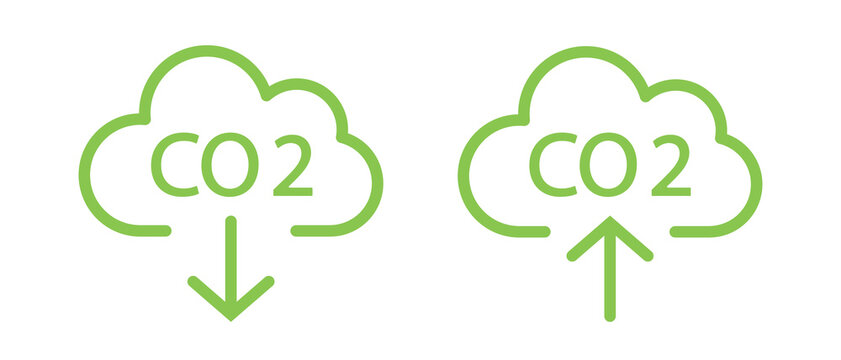 CO2 Emission Flat Icon Set. Carbon Reduction, Reduce Gas Pollution. Air Clouds With CO2 Arrow Sign. Vector Illustration.
